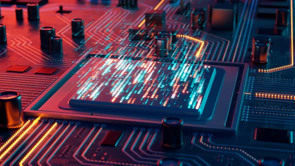 Data flow in a motherboard in pc. Processor among circuits and electronics. CPU