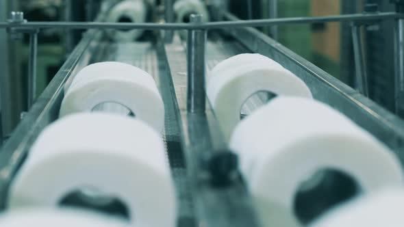 Close Up Shot of Toilet Paper Moving Along the Conveyor at a Paper Plant