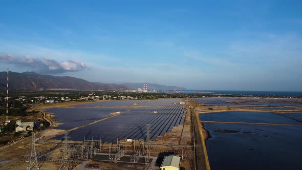 Renewable electricity power plant station with solar panels. Aerial panorama