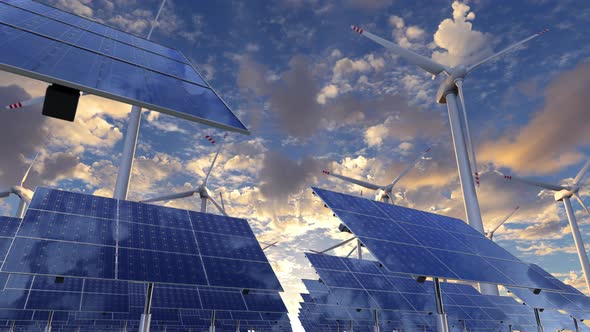 Animation of the rotating solar panels on the renewable alternative energy farm 4k