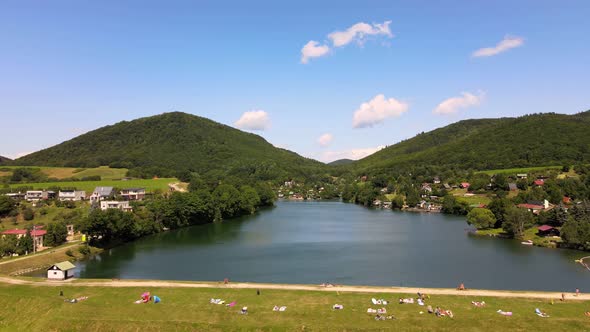 Aerial view of a lake in the village of Bansky Studenec in Slovakia