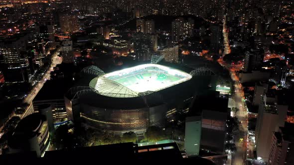 Brazilian sports event cityscape at Sao Paulo city at night.