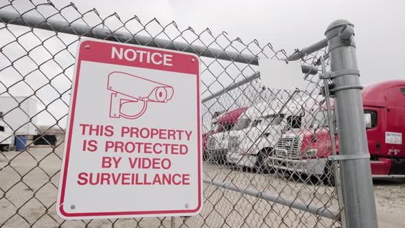 Fence with a Sign of Protection and Video Surveillance and Several Old Trucks Stand in the Parking