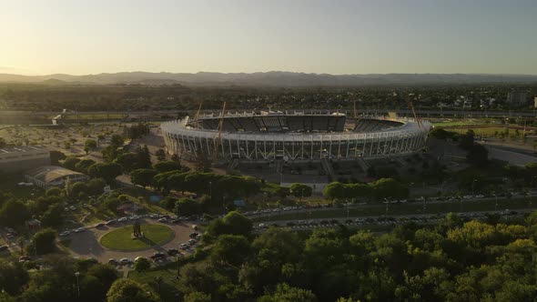 Aerial view of famous Córdoba Soccer Stadium at sunset