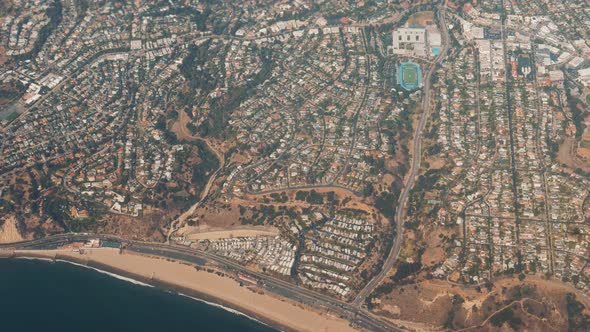 View From Plane Flying Over Residential Areas And Highways Of Los Angeles