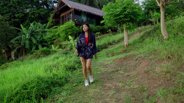 Cute Smiling Asian Girl in Kimono Walking Golden Hour in Slow Motion Thailand