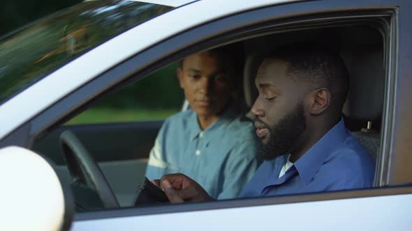 Black Teenager Asking for Pocket Money Getting Out Father Car, Family Relations