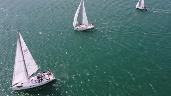 Aerial View of Sailing Yachts Regatta Race on Sea Near Varna in Bulgaria Black Sea