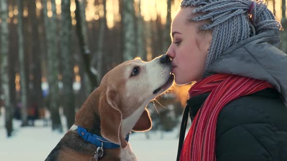 Beagle Dog Eats From the Mouth of Its Owner on the Street in Winter