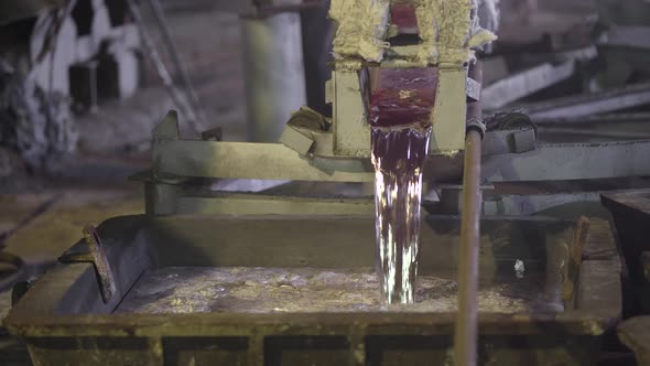 Close-up, the Hot Metal Is Drained From the Furnace. Creek Molten Aluminum. Metallurgical Industry