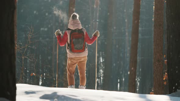 Woman Skiing in the Forest Stopped To Enjoy the View of Falling Snowflakes