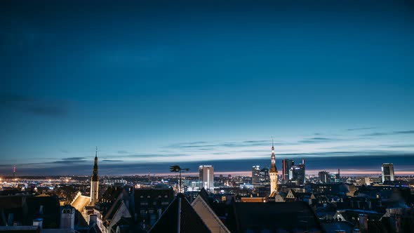 Tallinn, Estonia, Europe. Time Lapse Time-lapse Night To Day, Of Cityscape, Transition From Night 