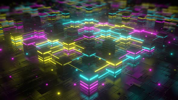 Sci-Fi Futuristic Neon Glowing Block Servers Transfer Data Signals