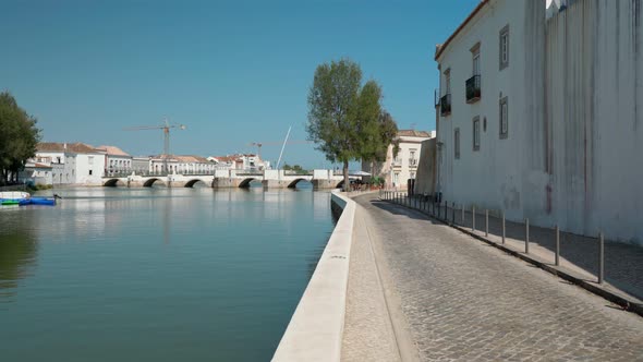 The Ancient Historic Portuguese Town of Tavira Walks Along the Arab Bridge on the River Gilao on the