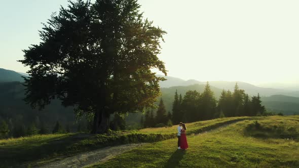 Romantic Couple Embracing in a Spring Field at Sunset Beside a Leafy Green Tree with Mountain