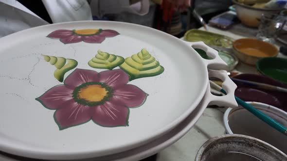 Hand Painted  Artist Porcelain Plate Flower Figure Is Working