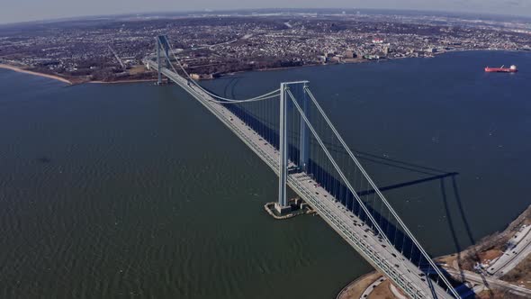 Verrazano Narrows Bridge with Passing Cars and Trucks