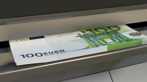 100 euro in cash dispenser. Withdrawal of cash from an ATM.