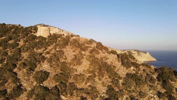 Aerial View of Torre Des Savinar Tower Near Ibiza Es Vedra and Vedranell Islands