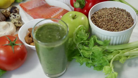 Salmon and a Glass of Fruit and Vegetable Smoothies on the Table