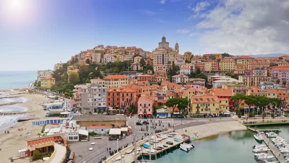 Aerial View Shot From Flying Drone of Vieux Porto Maurizio Picturesque Panorama Italian Resort Town