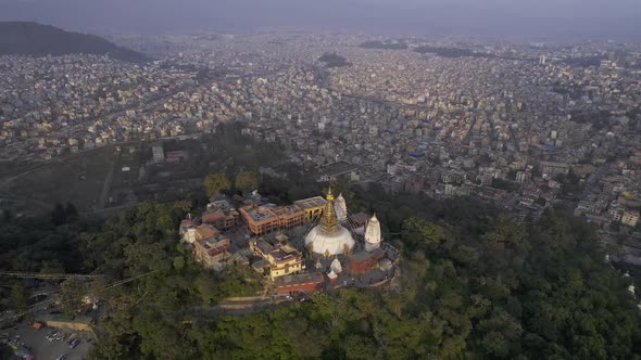 Aerial view of Kathmandu flying in to Swayambhunath Stupa