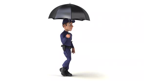Fun 3D cartoon police man walking with an umbrella