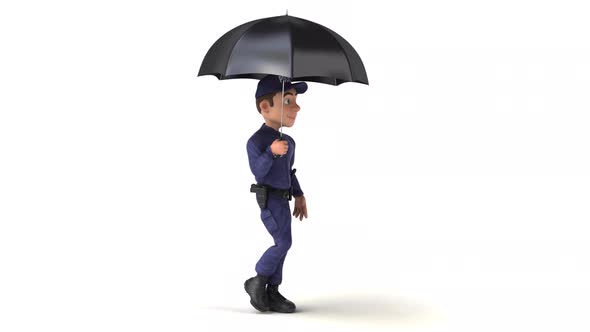 Fun 3D cartoon police man walking with an umbrella alt