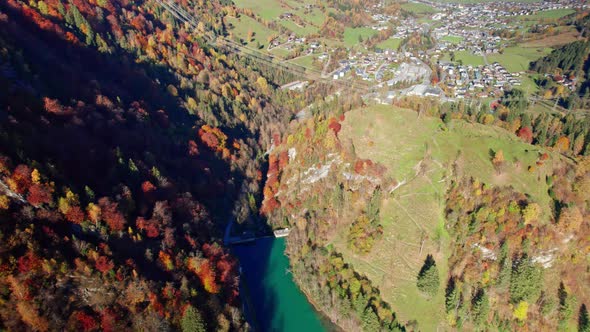 Drone Flight Over Klammsee Reservoir And Landscape In Autumn