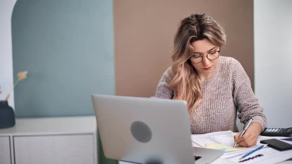 Student Lady Write Paper Document Studying Remotely Desk Laptop