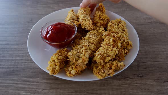 Woman Picks Up Crispy Fried Nugget From a Plate and Dips It in Ketchup