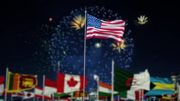 American Flag With World Globe Flags Night Shot With Fireworks