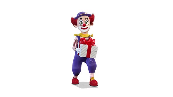 Clown Congratulates With A Gift on White Background 