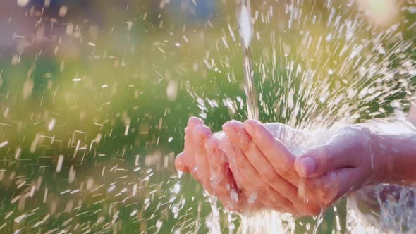 Water Flows Into Open Human Palms. Splashes Effectively Fly Apart in the Sun