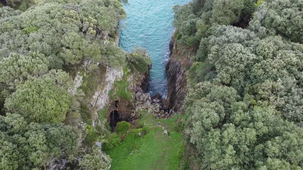 Beautiful holidays destination with forest, cliffs and sea. Aerial drone view.