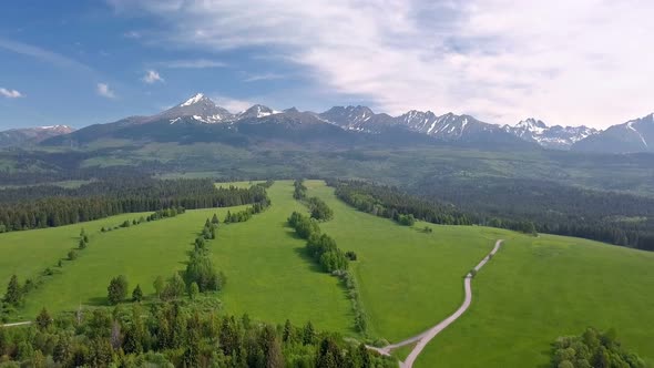 Aerial View of Fresh Green Nature in Alps Mountains in Sunny Spring Landscape