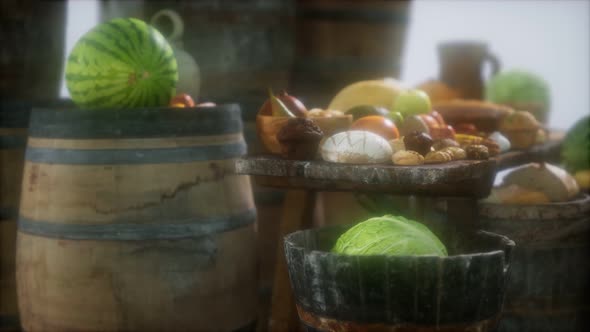 Food Table with Wine Barrels and Some Fruits, Vegetables and Bread alt