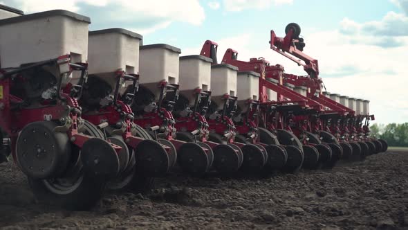 sowing the field with corn grains. tractor works the field with a seeder.