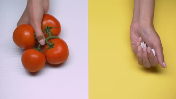 Tomatoes and Pills Macro Shot, Diet and Health, Genetically Modified Products