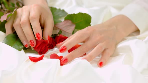 Female Hands with Roses on White Silk.