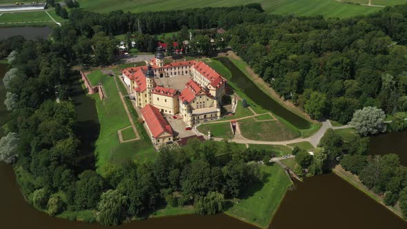 Top View of the Nesvizh Castle and the Park on a Summer Day