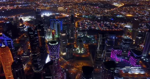 Doha at night, top view, night city lights, Qatar aerial