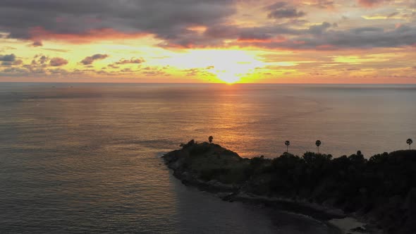 Aerial View Scenery Yellow Sky In Sunset Above Promthep Cape Viewpoint Phuket