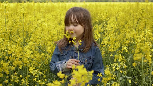 A Beautiful Girl with Posing Against a Yellow Rapeseed Field. She Smelling Yellow Canola Flowers
