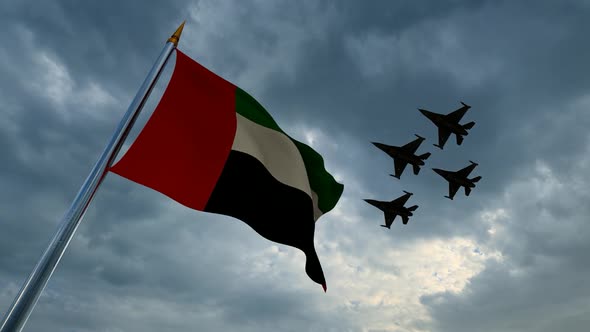 Waving UAE Flag and Grouped Warplanes