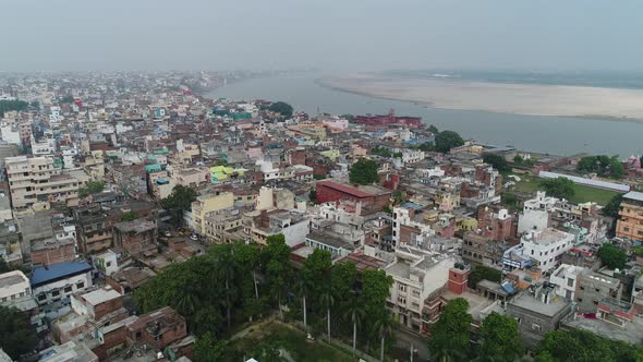 City of Varanasi (Benares) in Uttar Pradesh in India seen from the sky