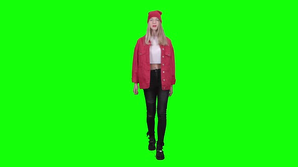 Girl Meets His Friends and Waving Them Greetings. Green Screen. Slow Motion