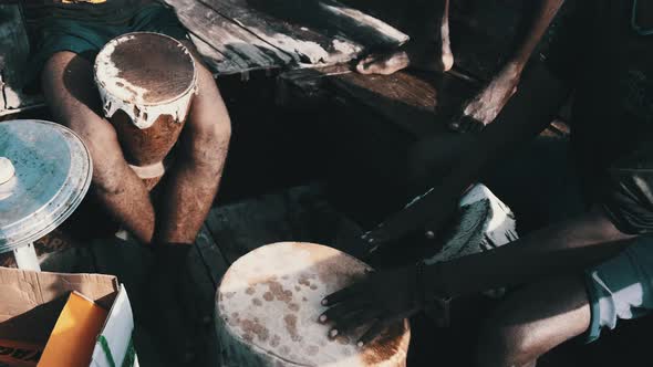 Group of Local Africans Playing Drums on Traditional Dhow Boat at Trip Zanzibar