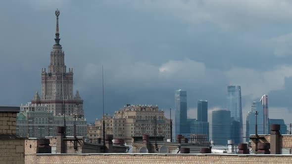  Timelapse of Clouds Over Moscow. Cityscape with State University and Modern Skyscrapers