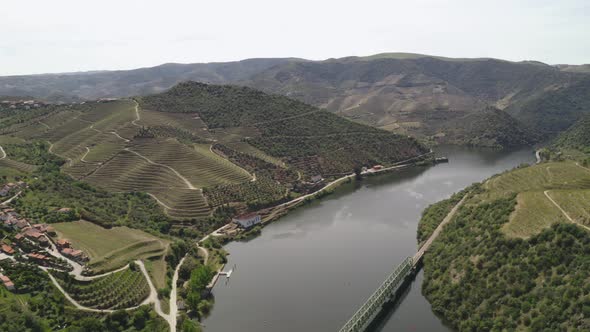 Drone view of a railway bridge in Douro region in Ferradosa, Portugal